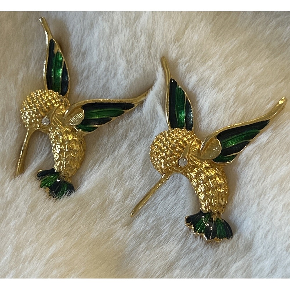 Vtg Hummingbird Brooch Pendant Set Gold Tone Green Blue Enamel Flying Figural